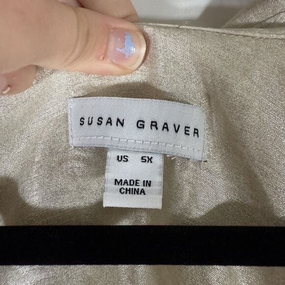 Susan Graver Blouse Women's 5X Metallic Cream Gold Collared Short Sleeve V Neck - Picture 3 of 10